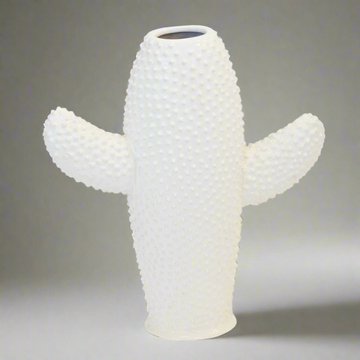 Ceramic cactus vase white flat small  Size  25CM (H) X 24CM (W)  Ceramic porcelain decor   Unique Boys This ceramic cactus vase is the perfect addition to any home. Crafted from ceramic porcelain, it comes in a unique flat shape with a crisp white finish. 