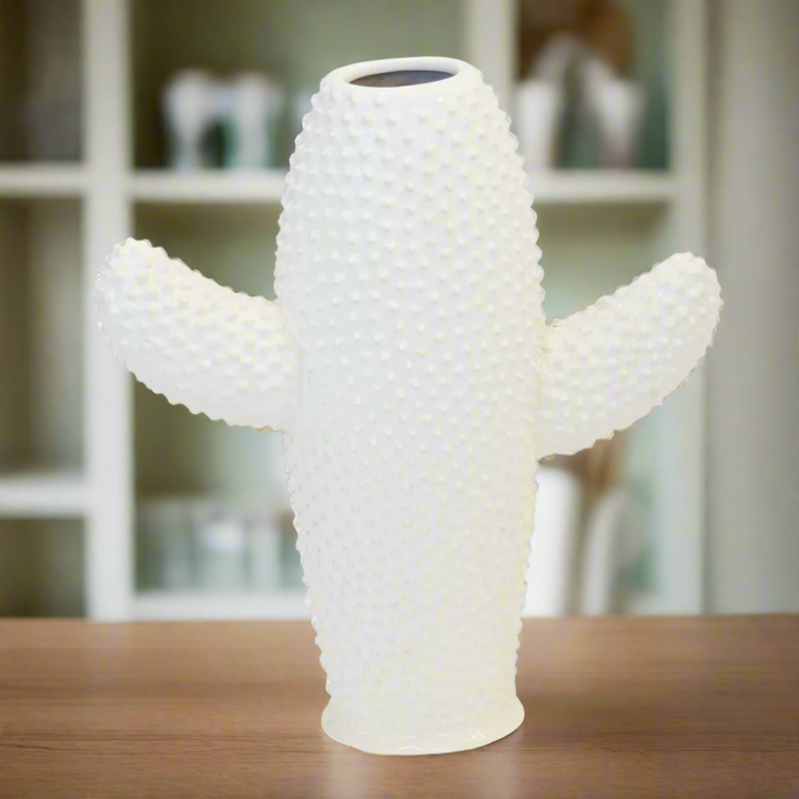 Ceramic cactus vase white flat small