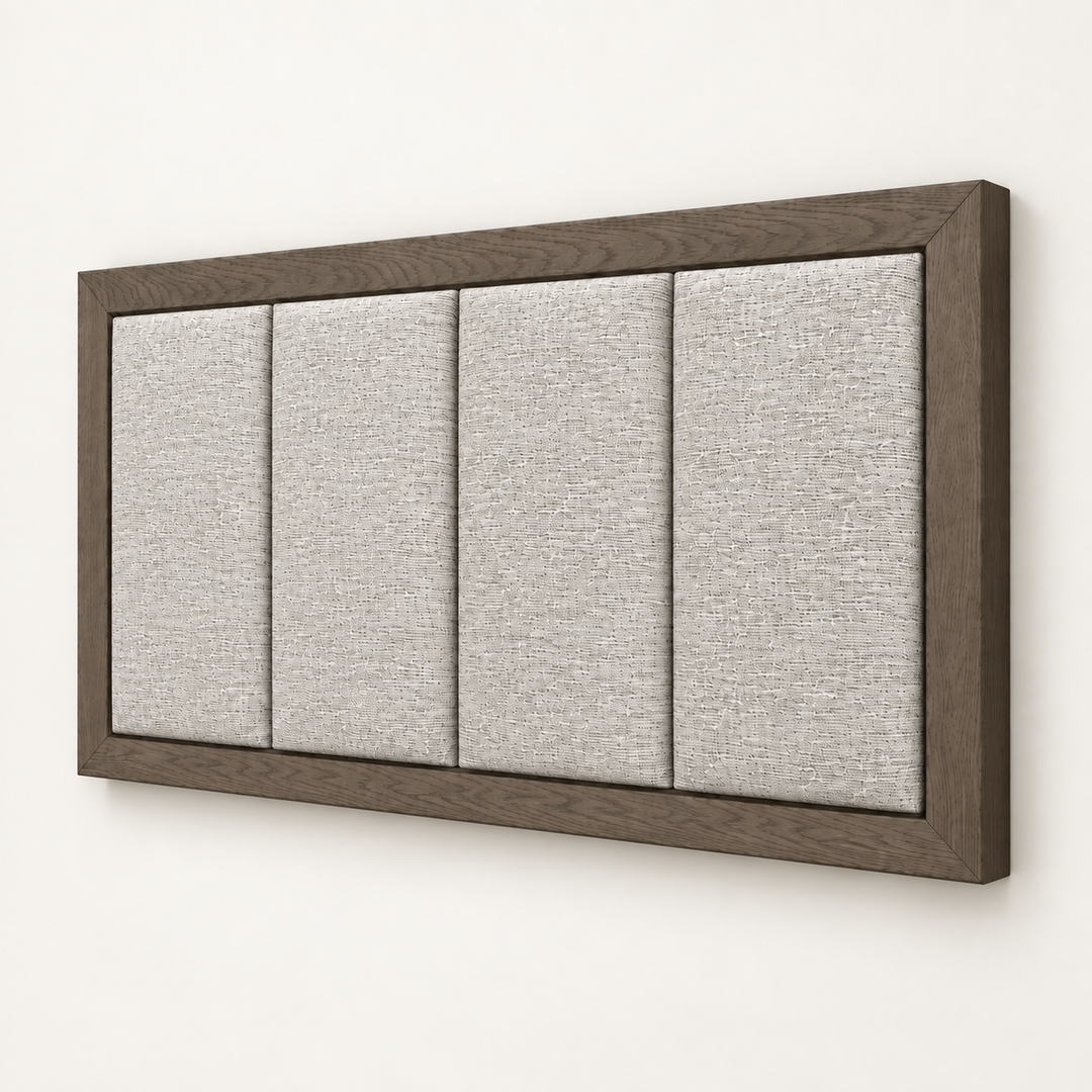 Dark Oak Frame Munro headboard showing the solid oak frame and four upholstered panels