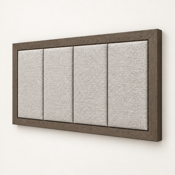 Dark Oak Frame Munro headboard showing the solid oak frame and four upholstered panels