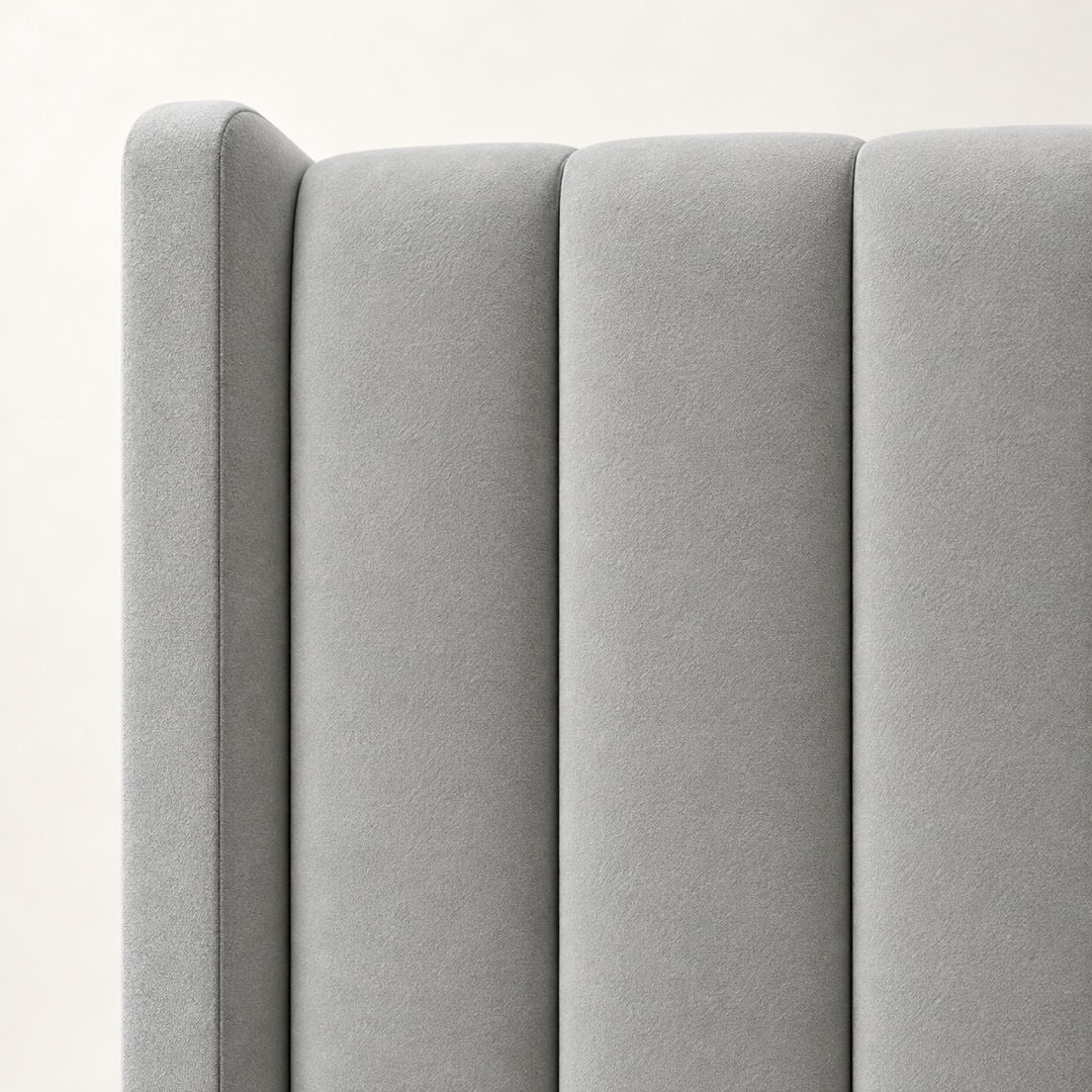 Close-up of Mercis fabric upholstery on the Munro Wing Headboard
