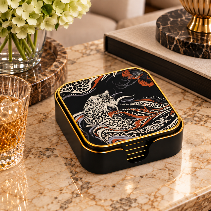 Coaster Acrylic Square Glitter Leopard S/6