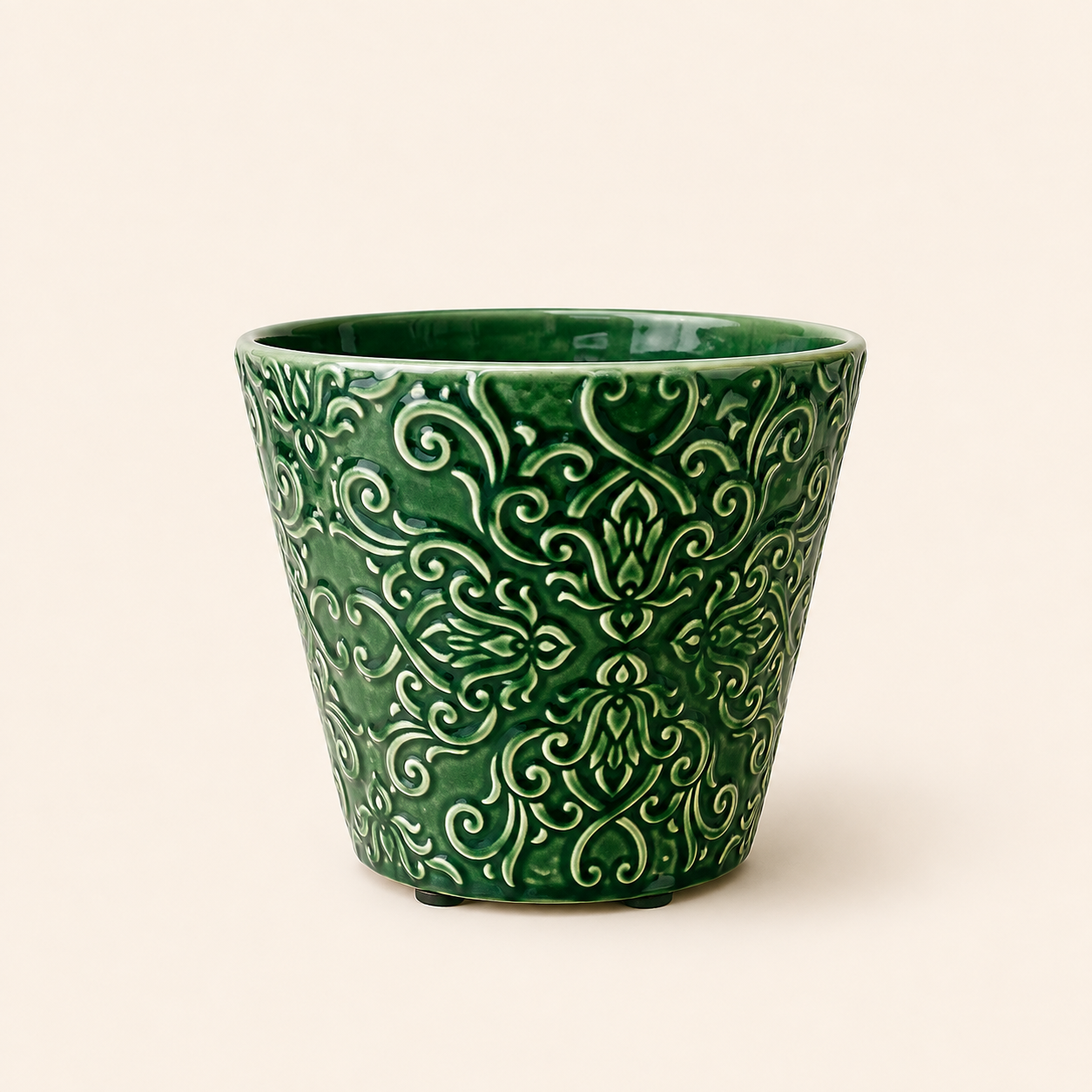 Damasque Pot in glossy emerald green ceramic with embossed damasque pattern for luxury home décor.