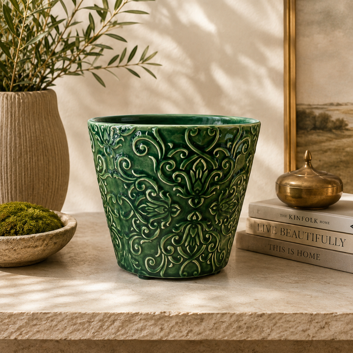 Luxury Damasque ceramic planter featuring intricate raised scroll detailing and rich green glazed finish.