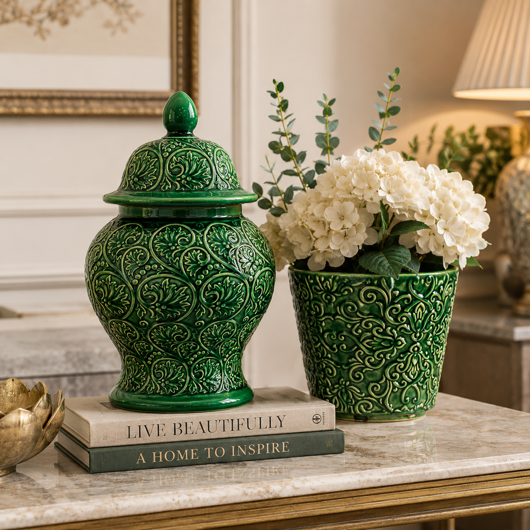 Decorative Damasque Pot in premium green ceramic with elegant embossed pattern for indoor plants.