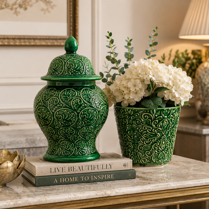 Decorative Damasque Pot in premium green ceramic with elegant embossed pattern for indoor plants.