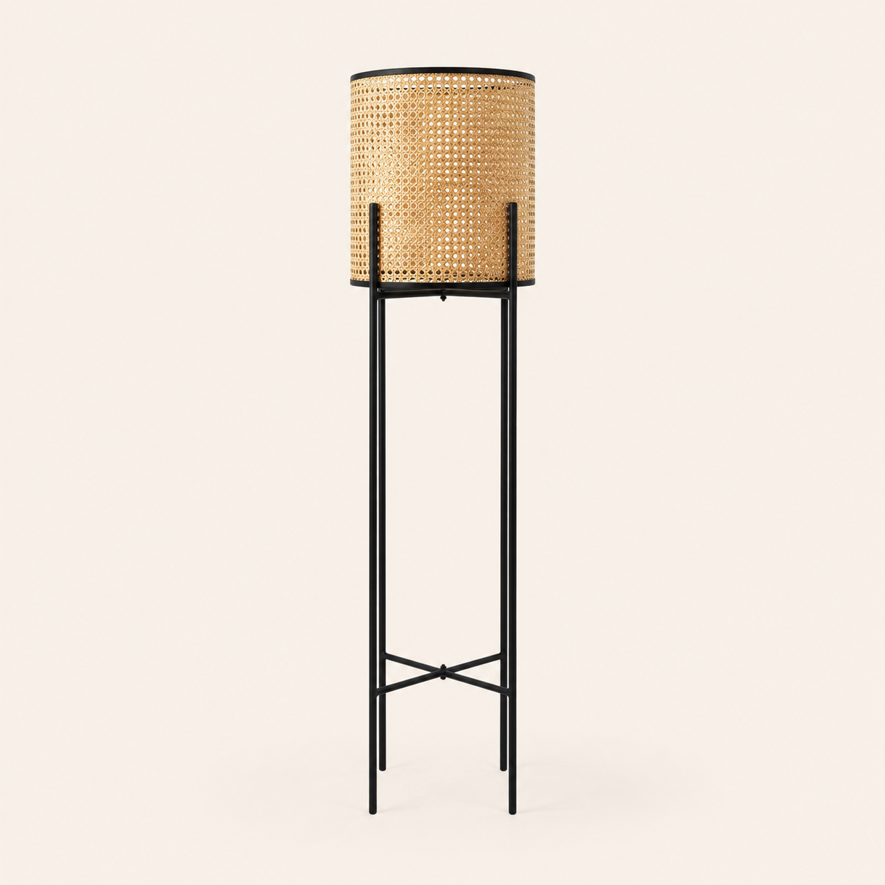 Dutch Pedestal Lamp Large with a natural woven shade and sleek black frame for warm, stylish interiors.