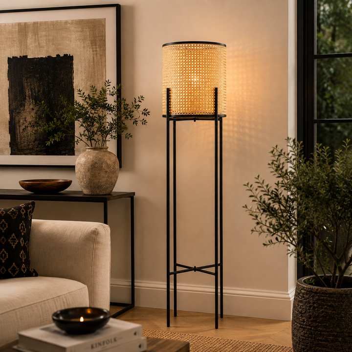 Add warmth and texture with the Dutch Pedestal Lamp Large, featuring a woven shade and elegant black stand.