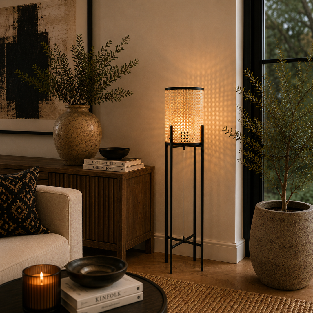 Add warmth and texture with the Dutch Pedestal Lamp Small, featuring a woven shade and elegant black stand.