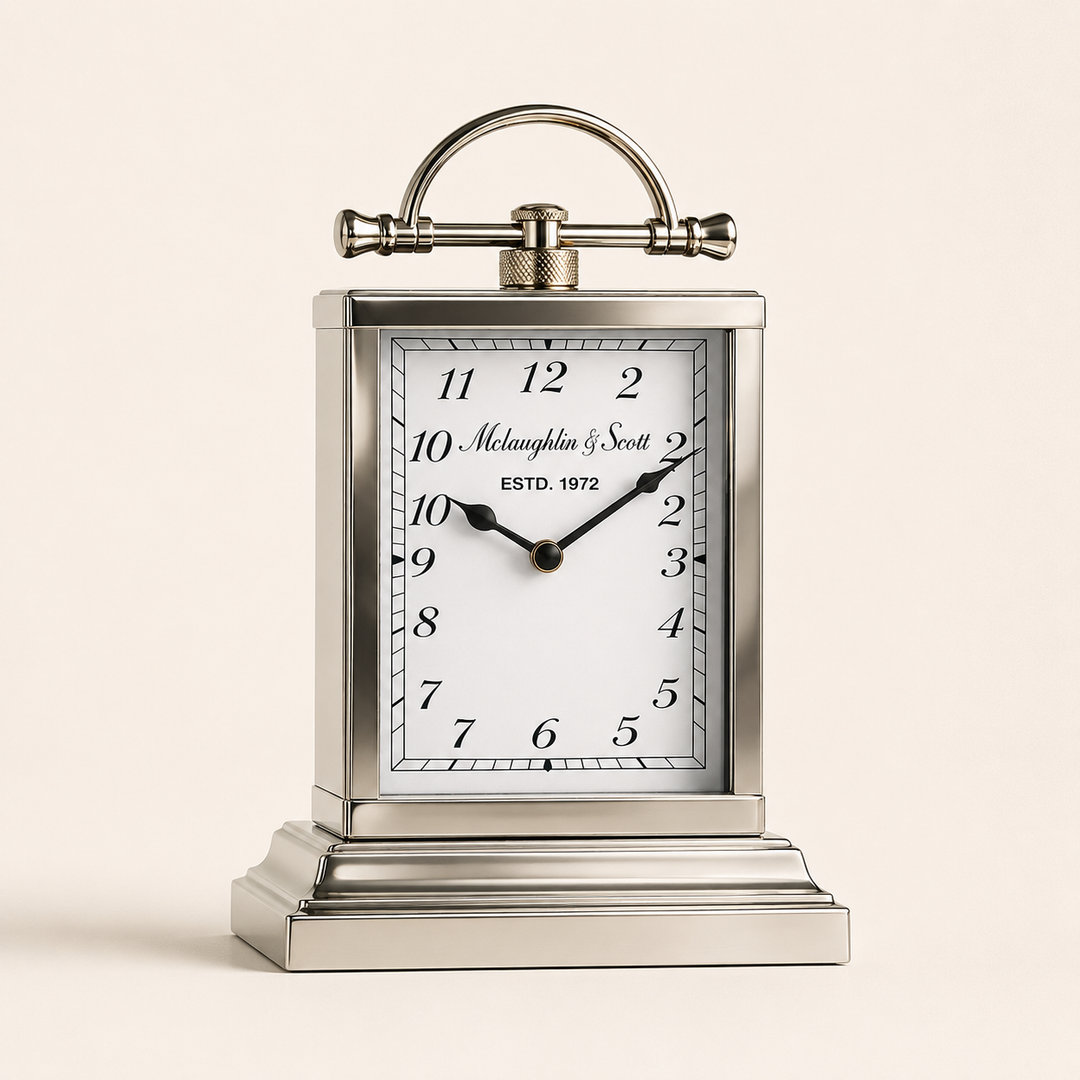Elegant Silver Standing Table Clock featuring a timeless design for stylish living rooms, bedrooms and offices.