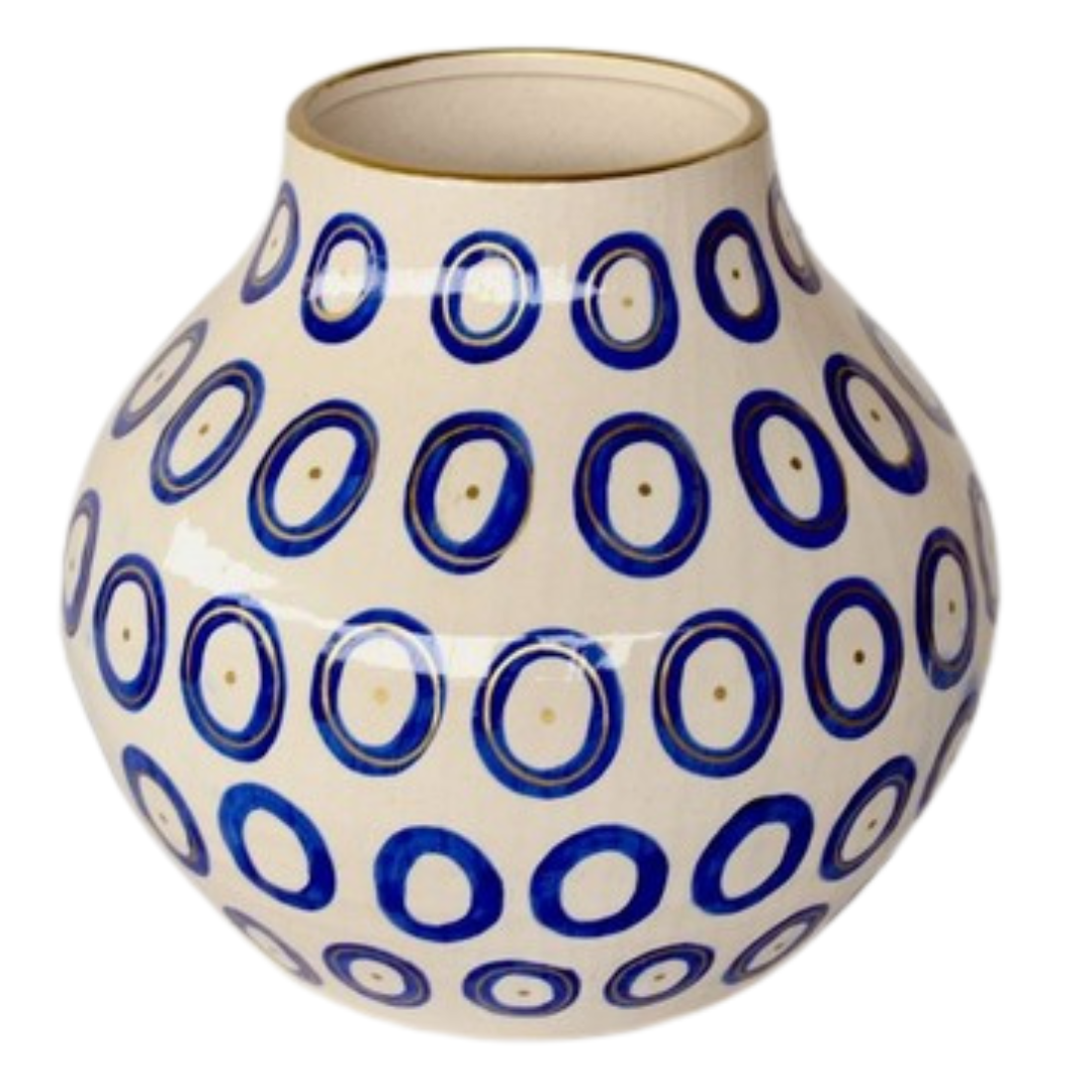 Extra Large Blue Circle Ceramic Vase Gold Trim 37X34cm
Elevate your home decor with our stunning Extra Large Blue Circle Ceramic Vase Gold Trim 37X34cm. Handcrafted with precision and care, this unique vase features a beautiful design that adds a touch of elegance to any room. Its striking is sure to become a focal point in your space, and its large size makes it perfect for showcasing your favorite flowers or branches. Unique Boys.