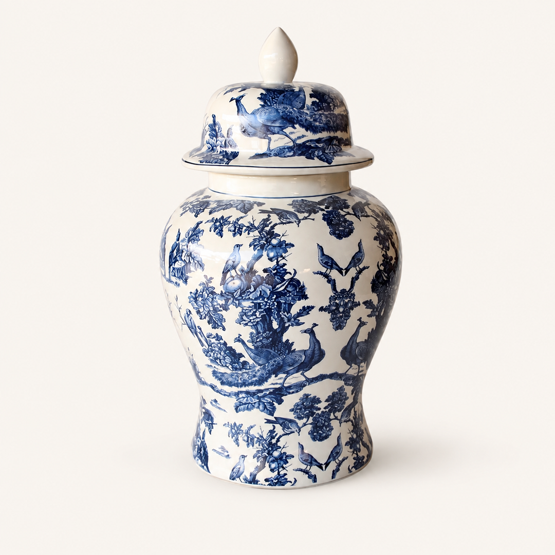 Extra Large Blue Peacock Ginger Jar 52x25cm, a striking blue and white statement piece for elegant interiors