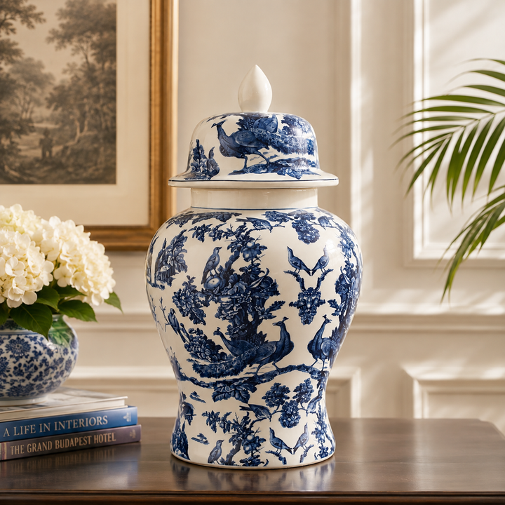 Shop the Extra Large Blue Peacock Ginger Jar 52x25cm, featuring elegant birds, florals and timeless blue detailing.