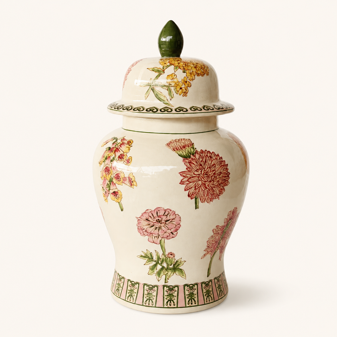 Extra Large Pink Flower Ginger Jar 53x26cm, with delicate pink florals and green accents for elegant home styling.