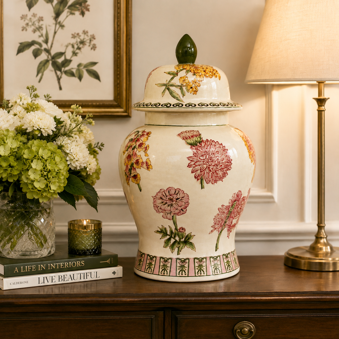 Add timeless floral elegance with the Extra Large Pink Flower Ginger Jar 53x26cm, perfect for consoles and sideboards.