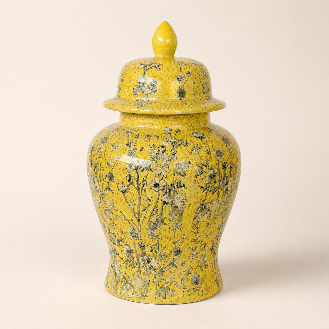 Brighten your home with the Large Yellow Daisy Ginger Jar, ideal for consoles, sideboards and entrance halls.