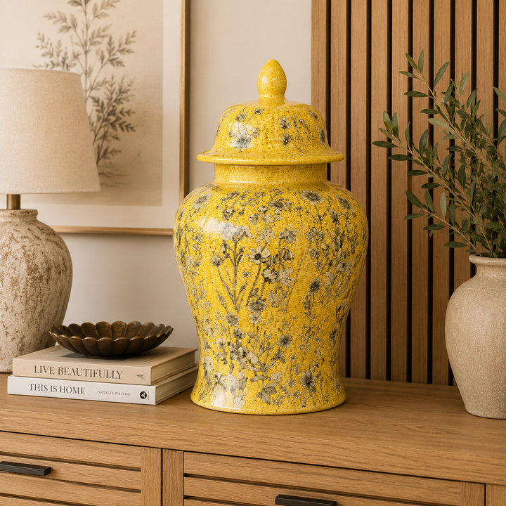 Large Yellow Daisy Ginger Jar 40x21cm, a striking ceramic statement piece for stylish interiors
