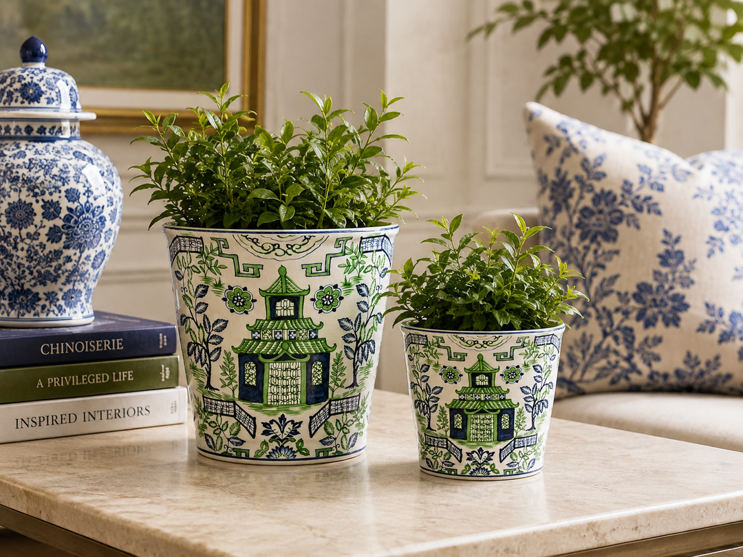 Extra Small Blue &amp; Green Pagoda Planter 12x13.5cm, a charming ceramic accent for elegant décor.