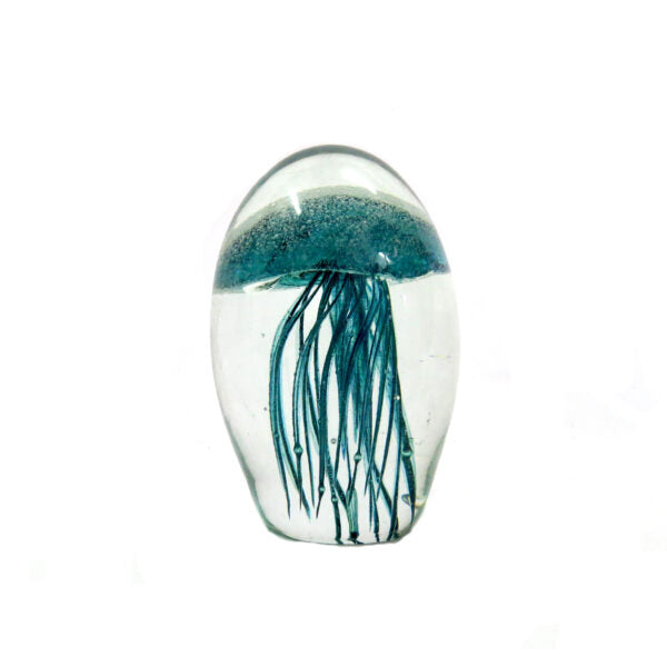 Mejello 9.8cm: A Glowing Masterpiece of Glass Art
Elevate your home decor with the Mejello 9.8cm, a breathtaking handmade clear orb featuring a mesmerizing teal jellyfish shape. Suspended within the glass are delicate silver bubbles and tentacles, adding an extra layer of depth and visual interest.