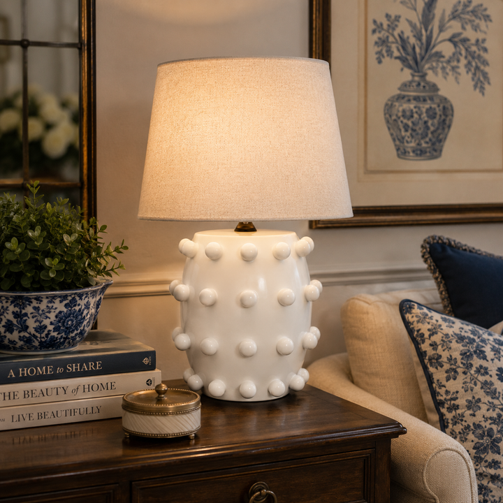 Fat White Ceramic Lamp 58.5x40cm featuring textured knobbly detailing and a sophisticated beige shade.