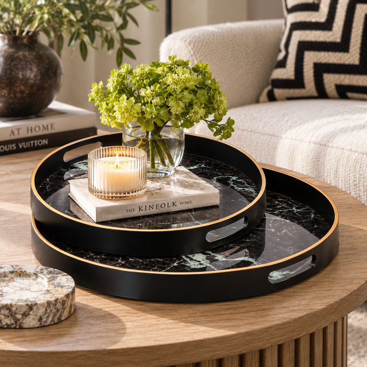 Glass Tray Black Marble  S/2