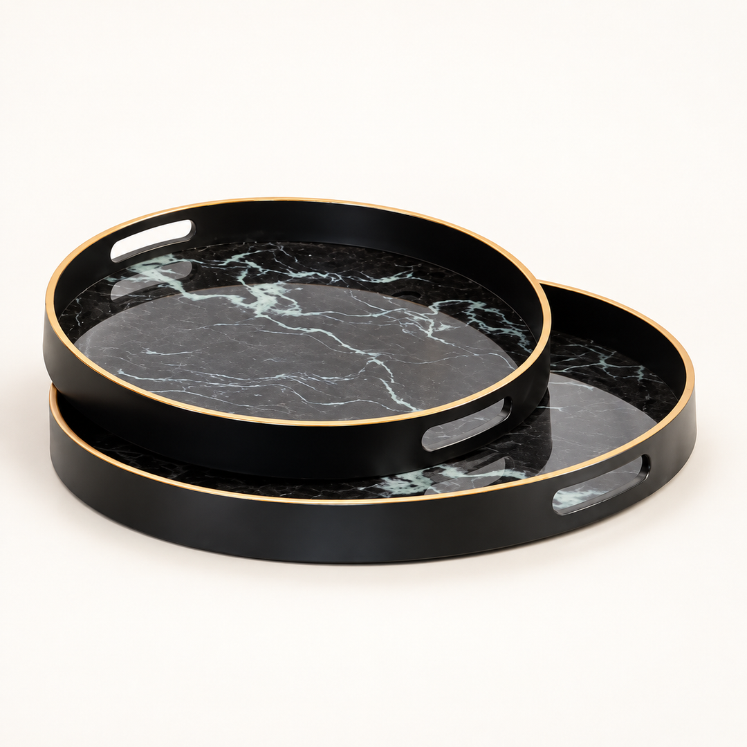 Glass Tray Black Marble  S/2