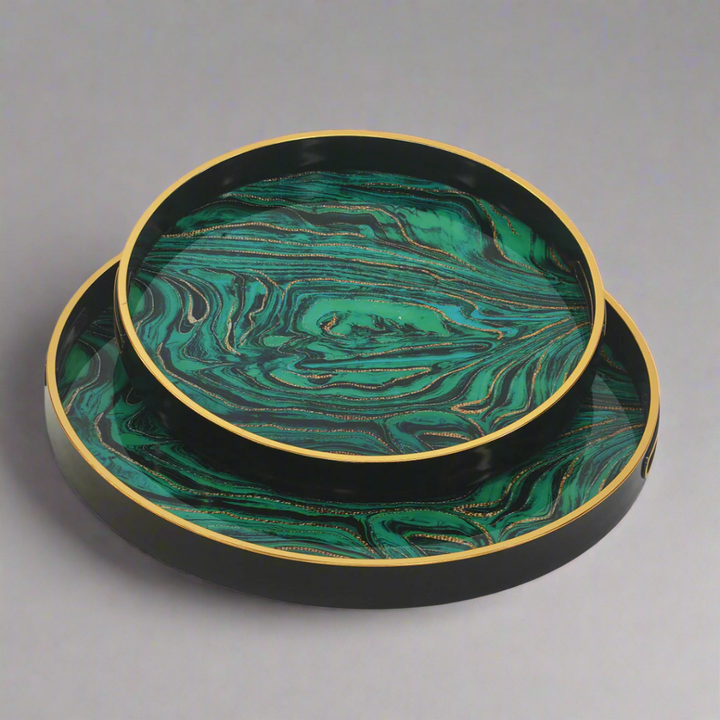 GLASS TRAY ROUND TURQUOISE SET OF TWO