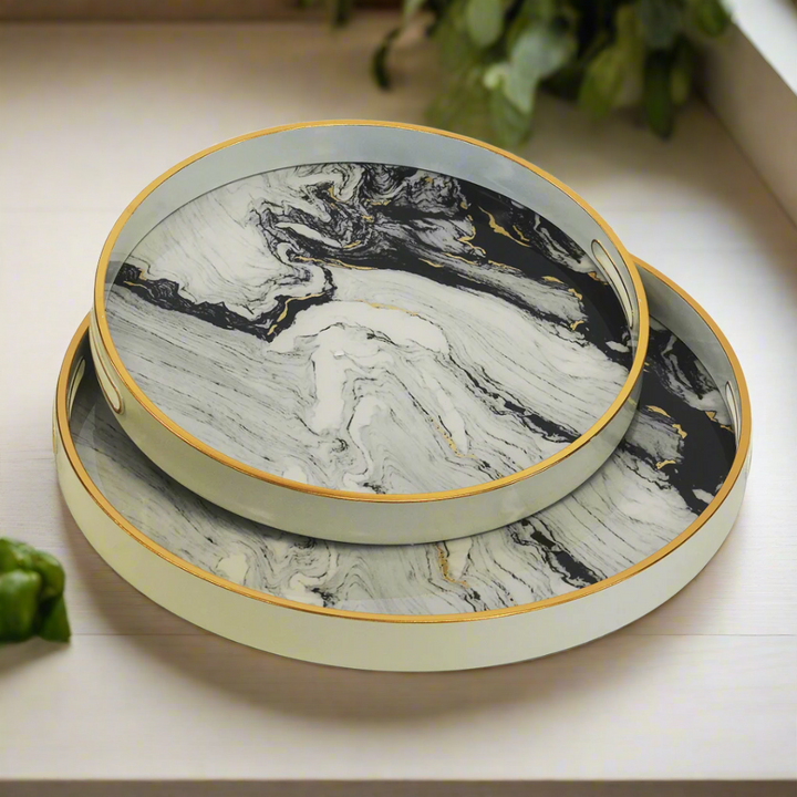 GLASS TRAY ROUND WHITE INK SET OF 2