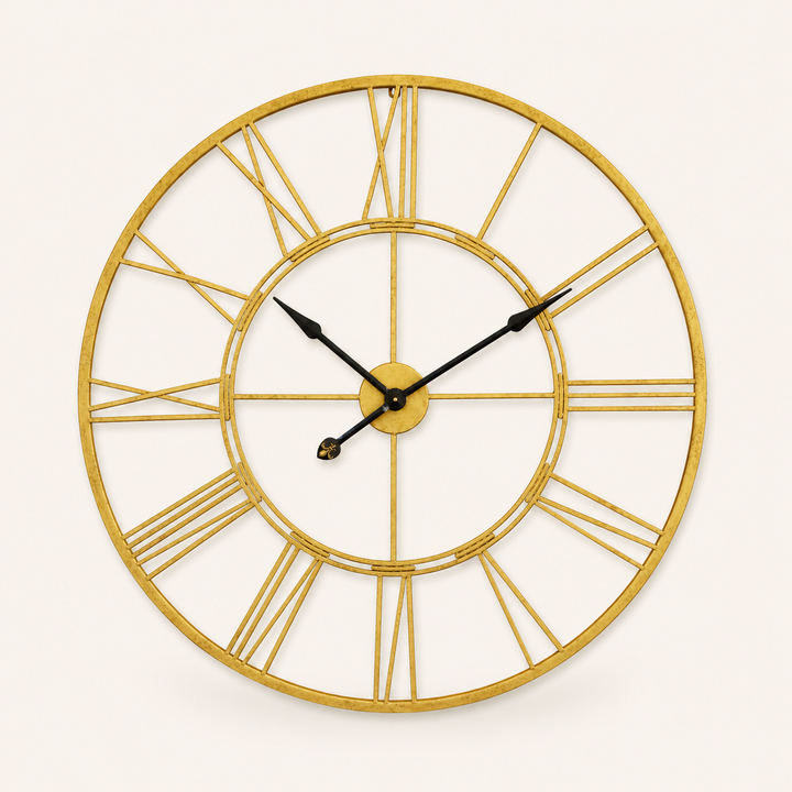 Gold Cut Out Clock with elegant Roman numeral detailing, creating a luxurious statement for any interior.