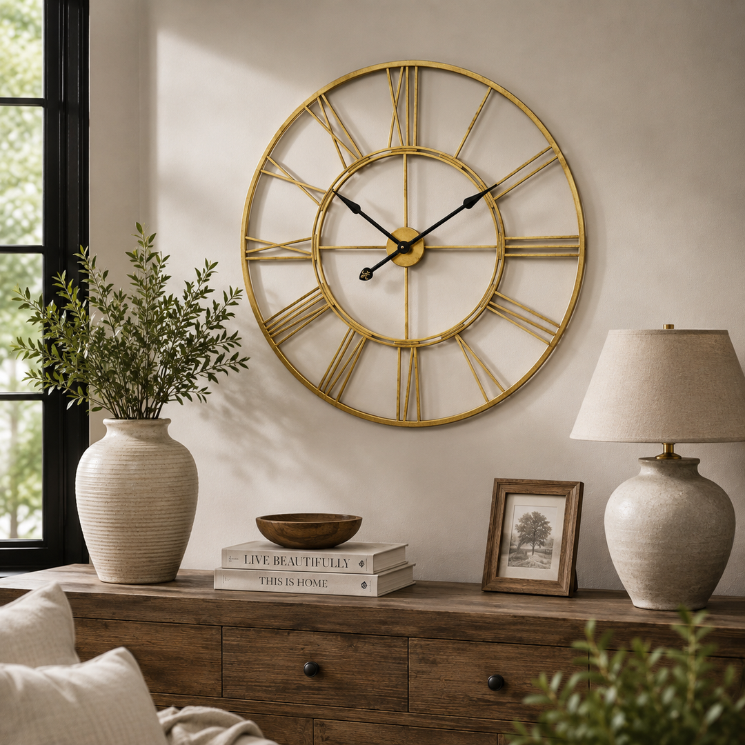 Add timeless elegance with the Gold Cut Out Clock, featuring a striking open-frame design and classic appeal