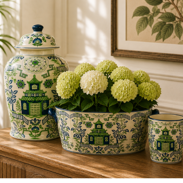 Green &amp; Blue Pagoda Foot Bath with intricate ceramic detailing, perfect for flowers, plants and elegant décor.