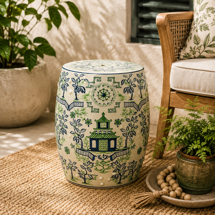 Green &amp; Blue Pagoda Garden Stool 47x33cm, a striking ceramic accent for elegant indoor and outdoor spaces.