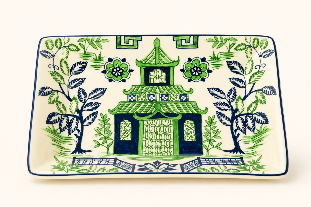 Green &amp; Blue Pagoda Plate 16x10.5cm, featuring elegant Chinoiserie detailing for timeless home décor.
