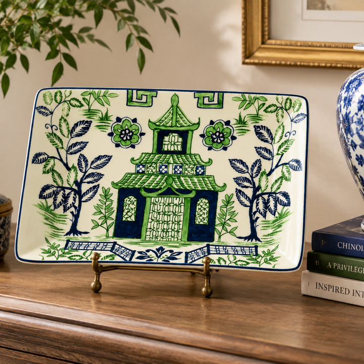 Decorative Green &amp; Blue Pagoda Ceramic Plate with intricate botanical details and a classic ivory finish.