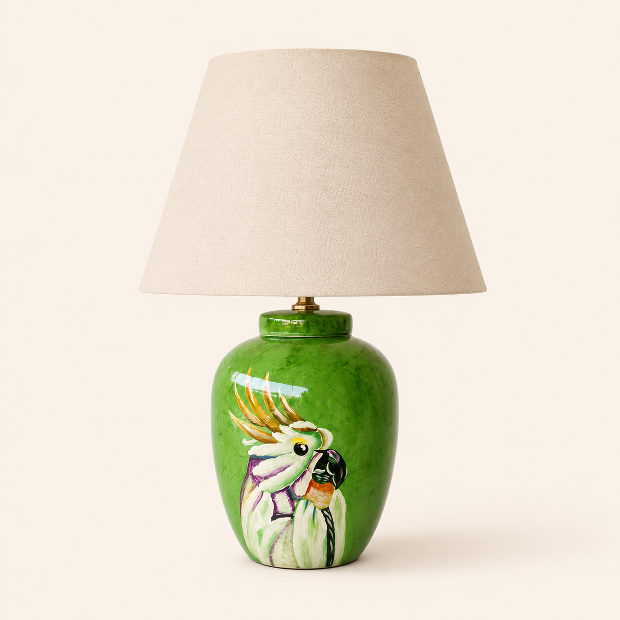 Green Parrot Lamp 62x45cm with a vibrant ceramic base and elegant beige shade for distinctive interiors.