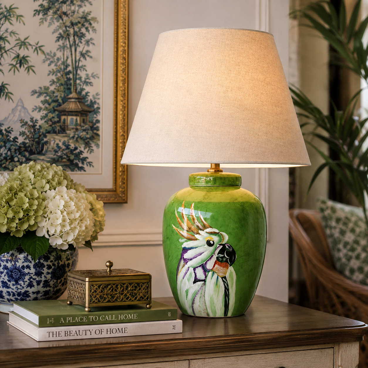 Green Parrot Ceramic Lamp with beige shade, bringing tropical character and elegant style to your home.