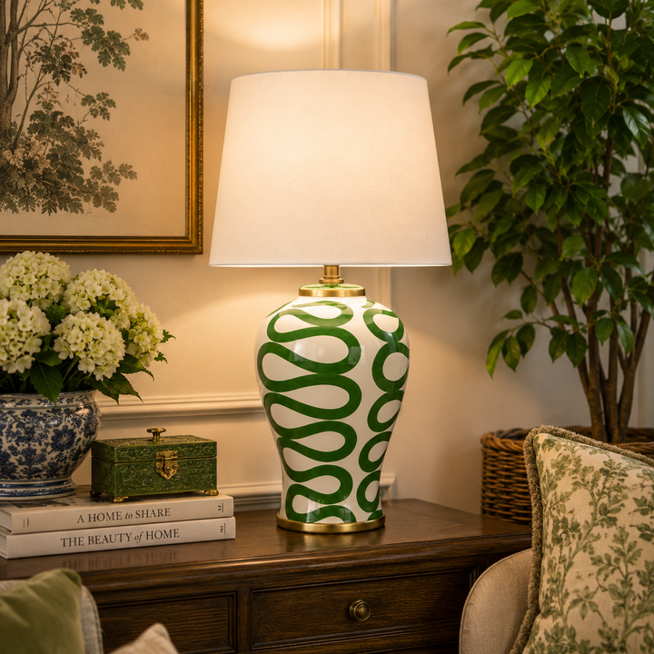 Green Squiggle Lamp 64x41cm with bold ceramic detailing, gold accents and an elegant white shade