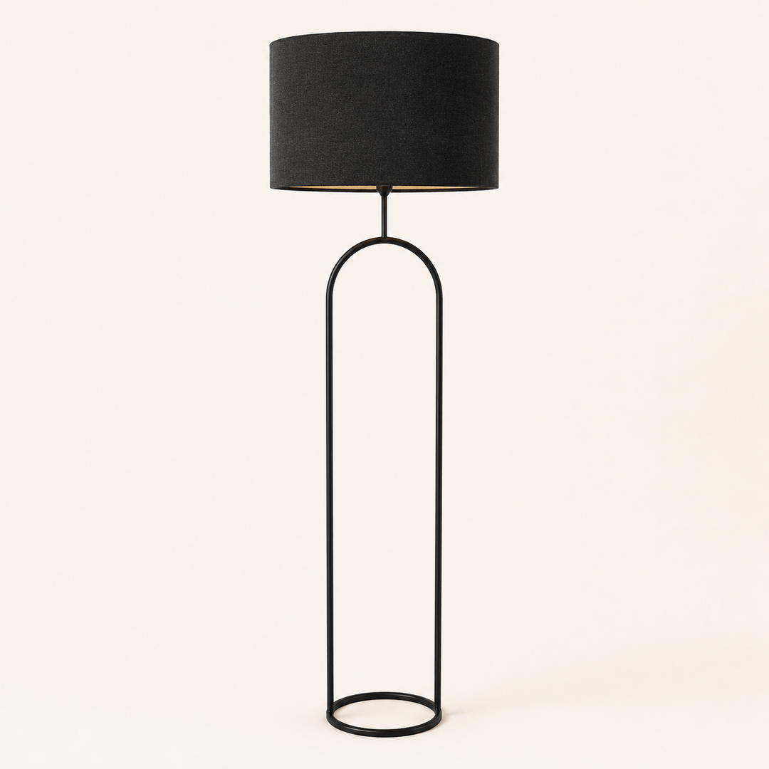 Halo Black Floor Lamp with an elegant open-frame design, ideal for sophisticated living rooms and bedrooms.