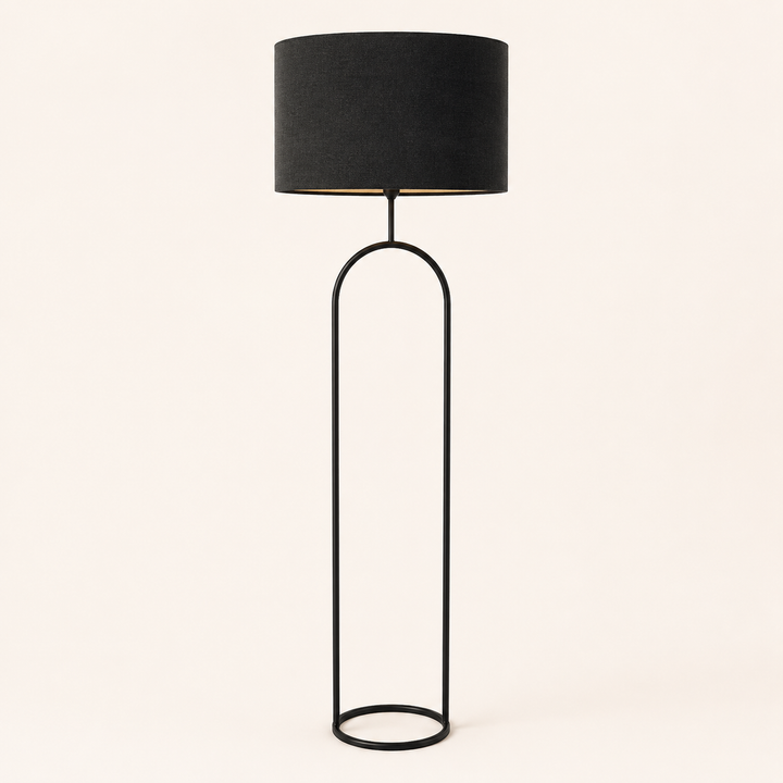 Halo Black Floor Lamp with an elegant open-frame design, ideal for sophisticated living rooms and bedrooms.