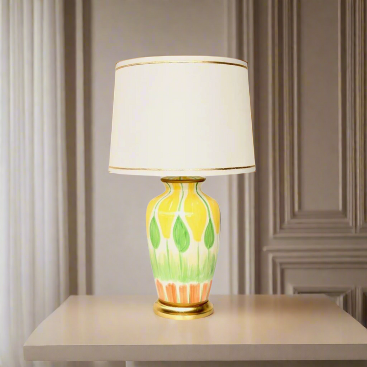 Hand Painted Yellow Green Orange Lamp Gold Trim Shade 68x40cm