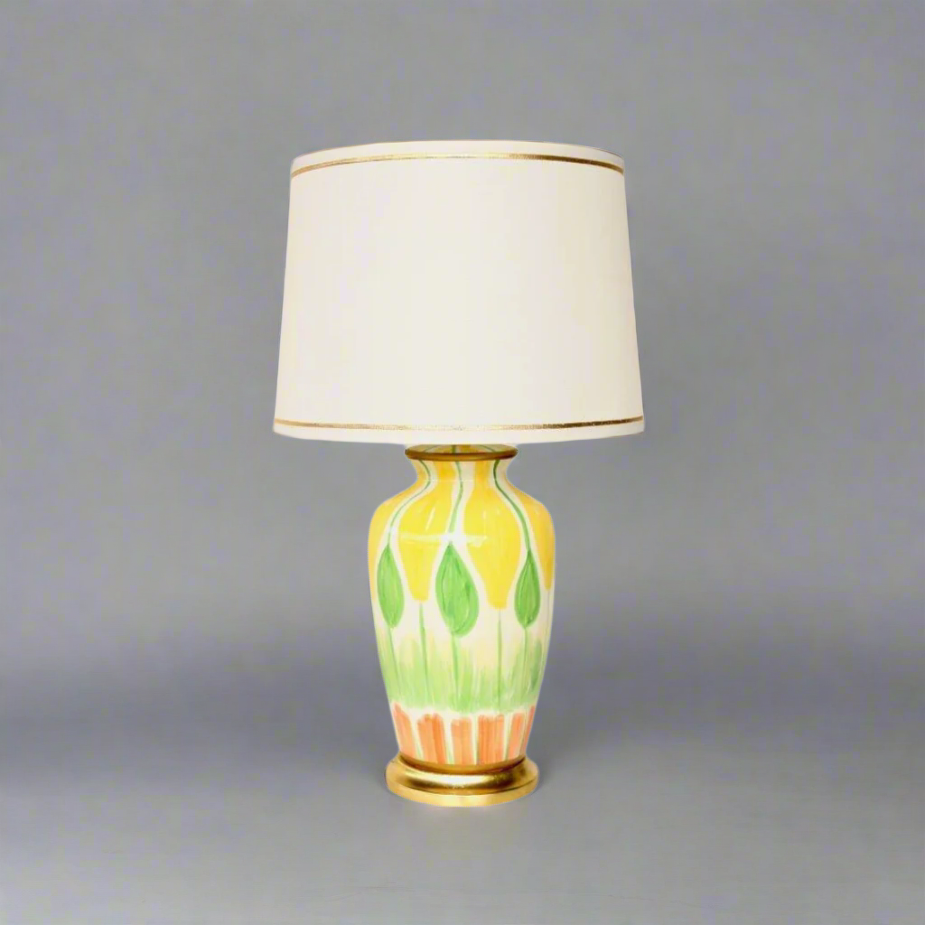 Hand Painted Yellow Green Orange Lamp with Gold Trim Shade
Illuminate your space with this stunning Hand Painted Yellow Green Orange Lamp, featuring a unique and intricate design that's sure to impress. Expertly hand-painted with vibrant shades of yellow, green, and orange, this lamp is a one-of-a-kind piece that adds a touch of artistic flair to any room. The beautiful gold trim shade adds a touch of elegance and sophistication, making it perfect for living rooms, bedrooms, or offices