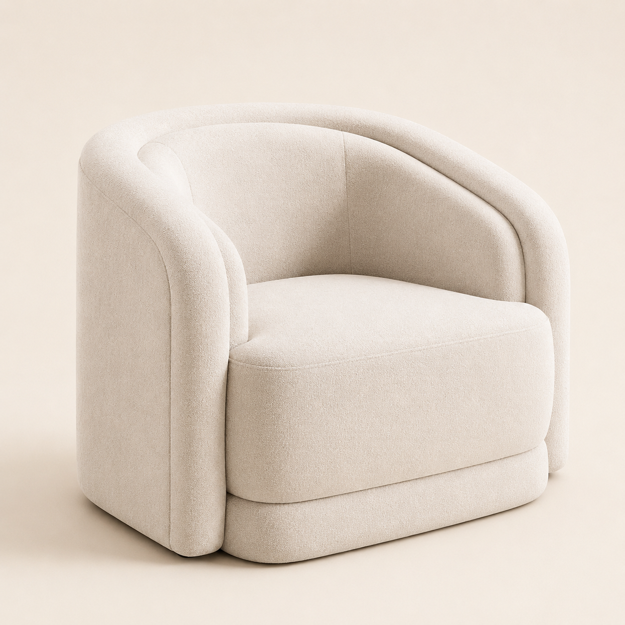 A modern barrel-style armchair upholstered in a warm off-white textured fabric, shown from a three-quarter angle against a solid cream background.