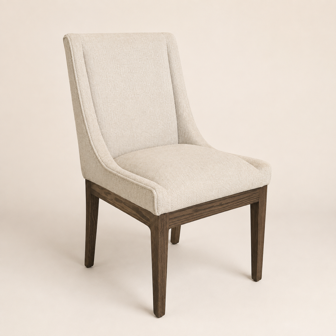 Nasira solid Oak dining chair upholstered in Mercis Alba fabric