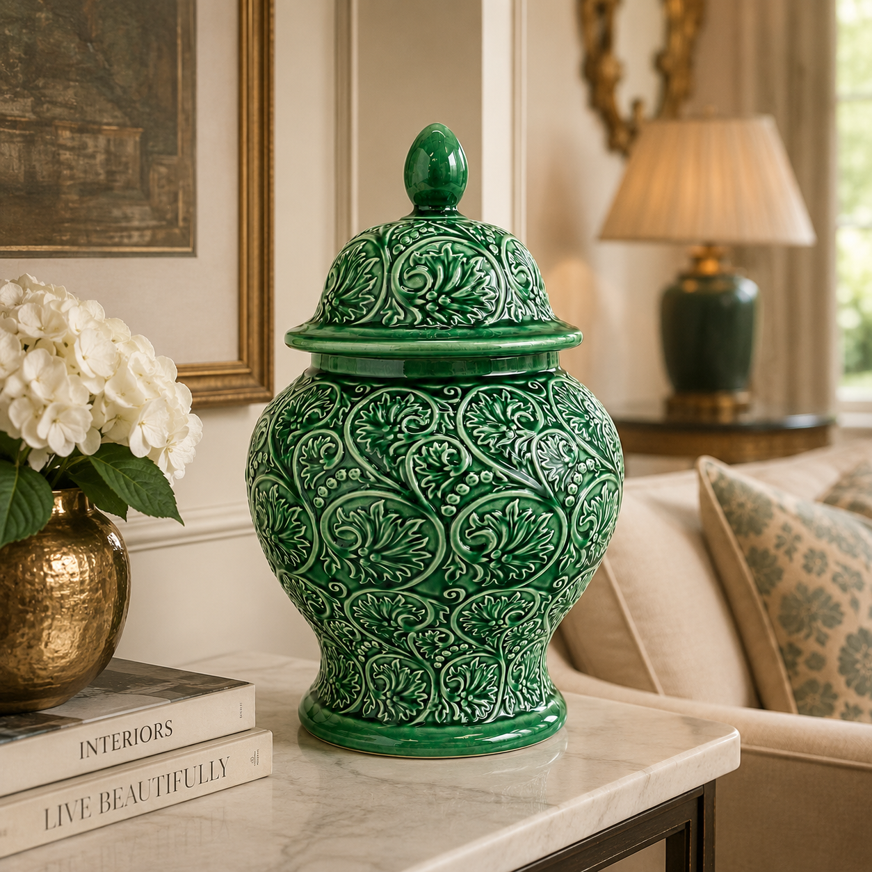 Luxury jade green ceramic ginger jar featuring intricate raised scroll detailing and a classic lidded design.