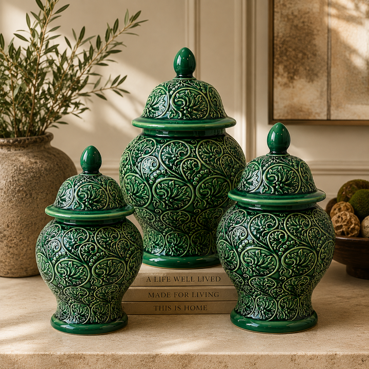 Decorative Jade Scroll Ginger Jar with ornate embossed floral scrollwork in a rich emerald green glaze.