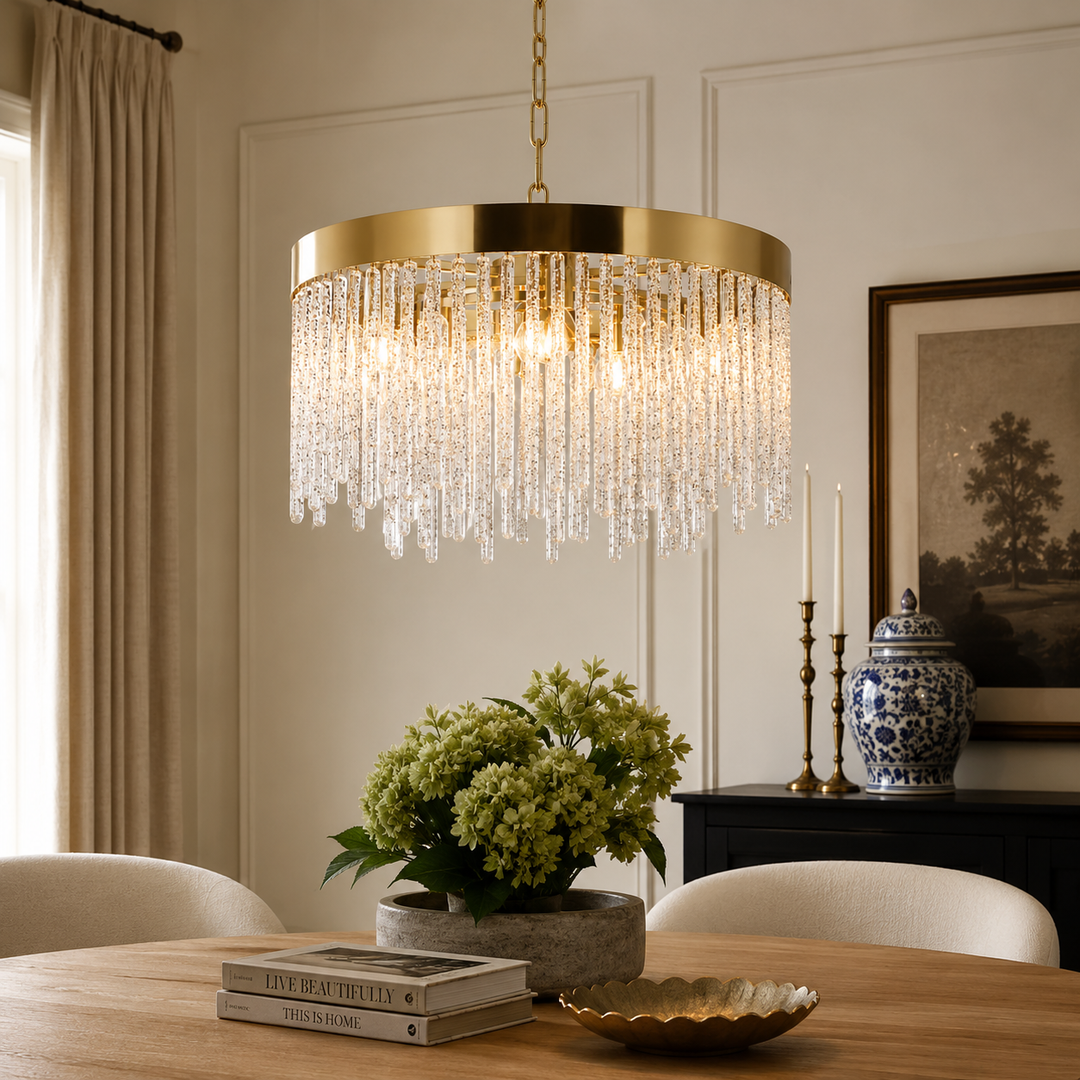 Kensington Chandelier 600mm with cascading crystal detail and a warm metallic finish for elegant interiors.