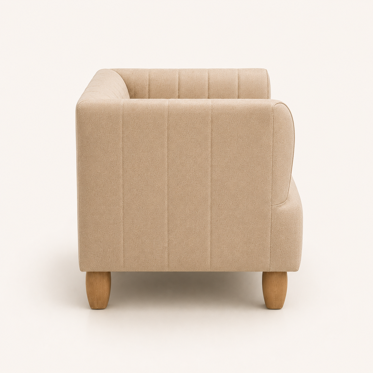 A modern beige upholstered armchair with vertical channel tufting and light wood legs, shown from a rear three-quarter angle on a clean white background.