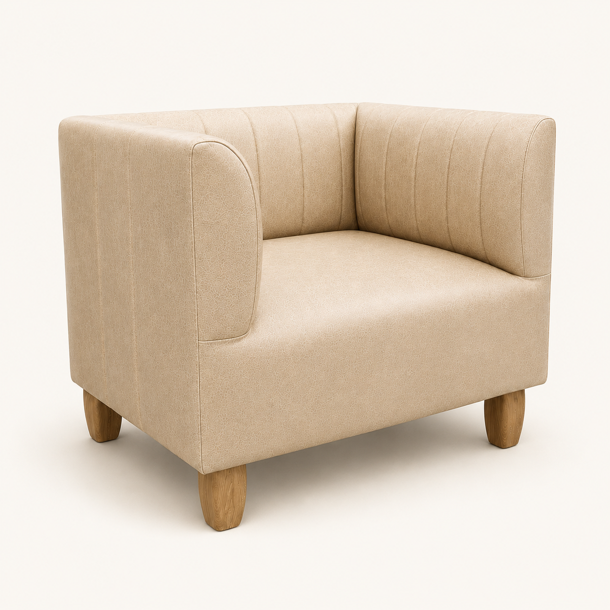 A beige upholstered accent chair with a square backrest, vertical channel tufting on the arms, and short wooden legs, shown on a clean off-white background.