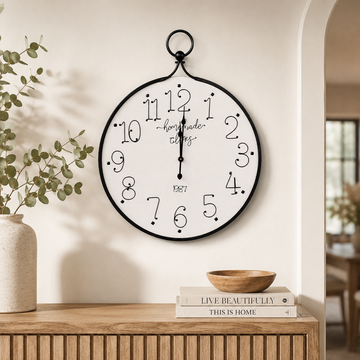Large 100x80cm black and white iron clock with bold numerals, ideal for elegant feature walls and living spaces.