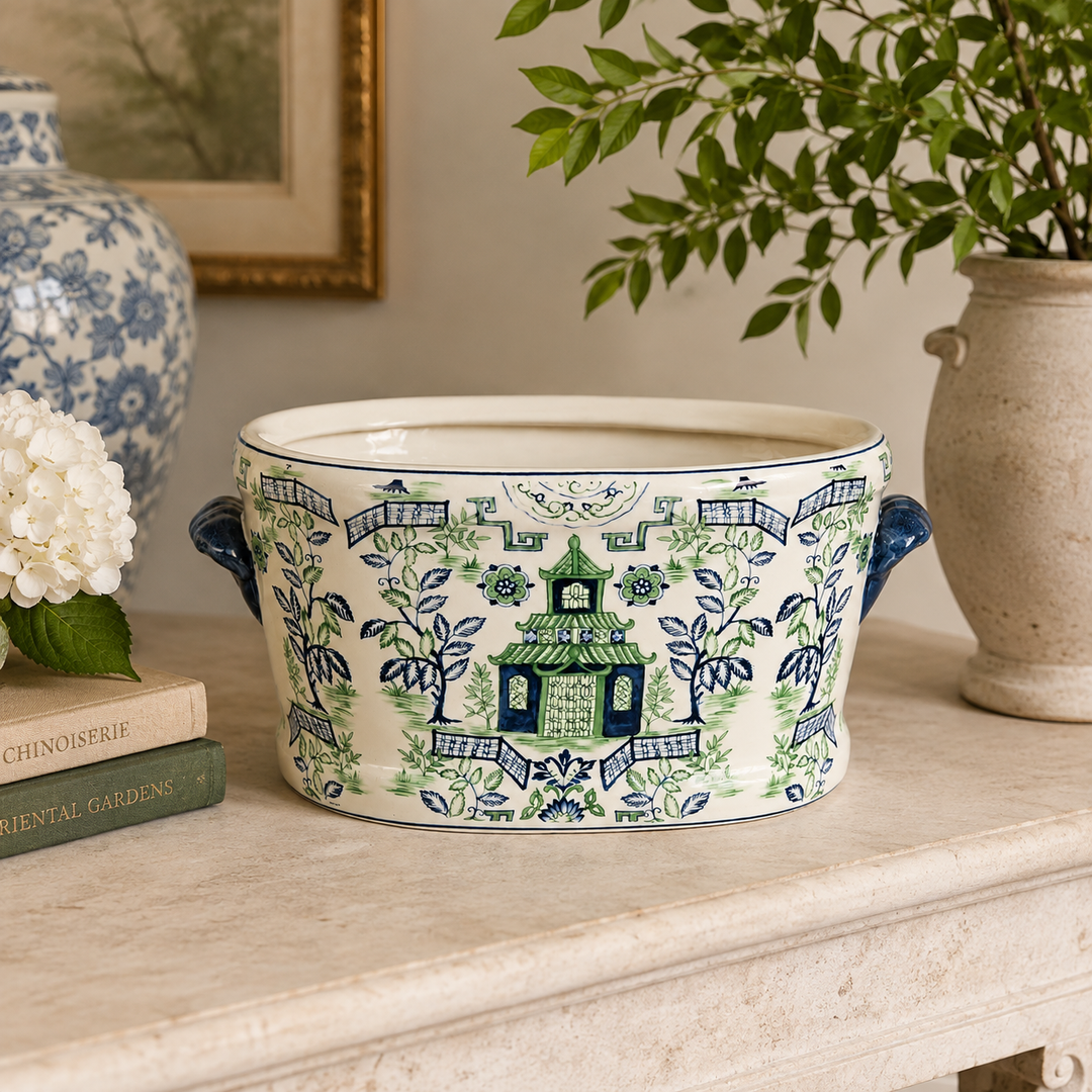 Shop the Large Blue &amp; Green Pagoda Footbath, featuring beautiful ceramic detailing in classic blue and green.